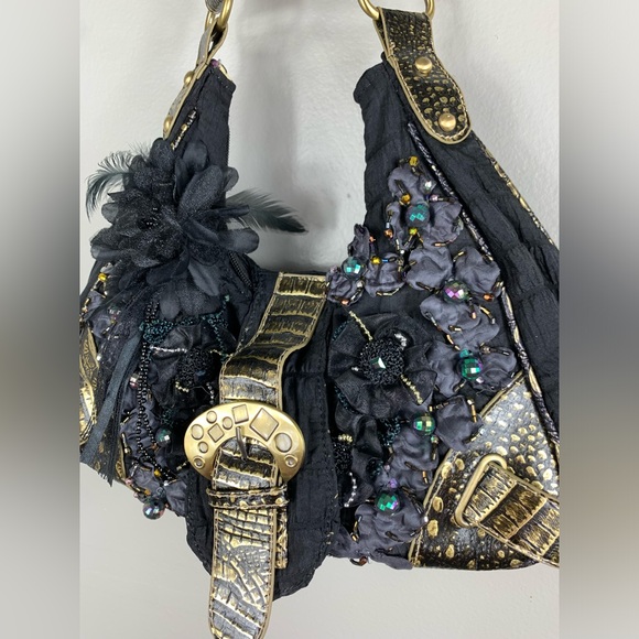 Vintage Y2K Mini Hand Black Bag with Jems, Beads and feathers | Festival… - Picture 3 of 12